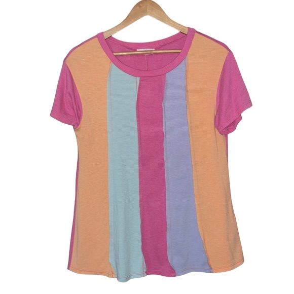 •ADORA•PASTEL COLOR BLOCK STRIPE RIBBED SHORT SLEEVE SHIRT. SIZE SMALL*like new* - Picture 4 of 9